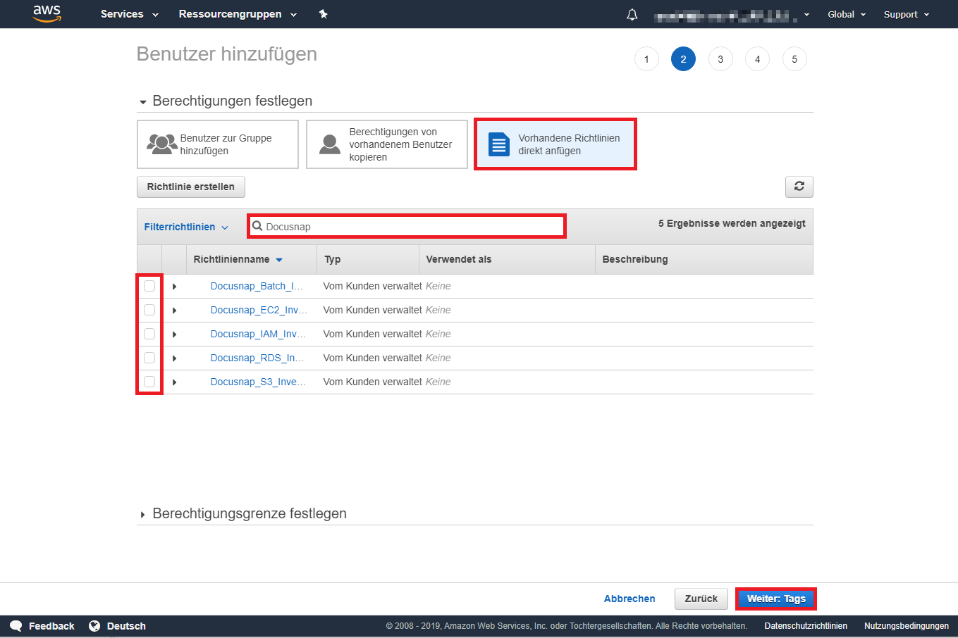 Docusnap AWS Umgebung Berechtigungen festlegen Docusnap AWS Umgebung Berechtigungen festlegen