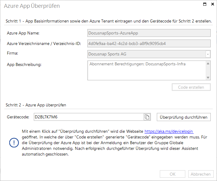 Docusnap Azure App Überprüfung Dialog Docusnap Azure App Überprüfung Dialog