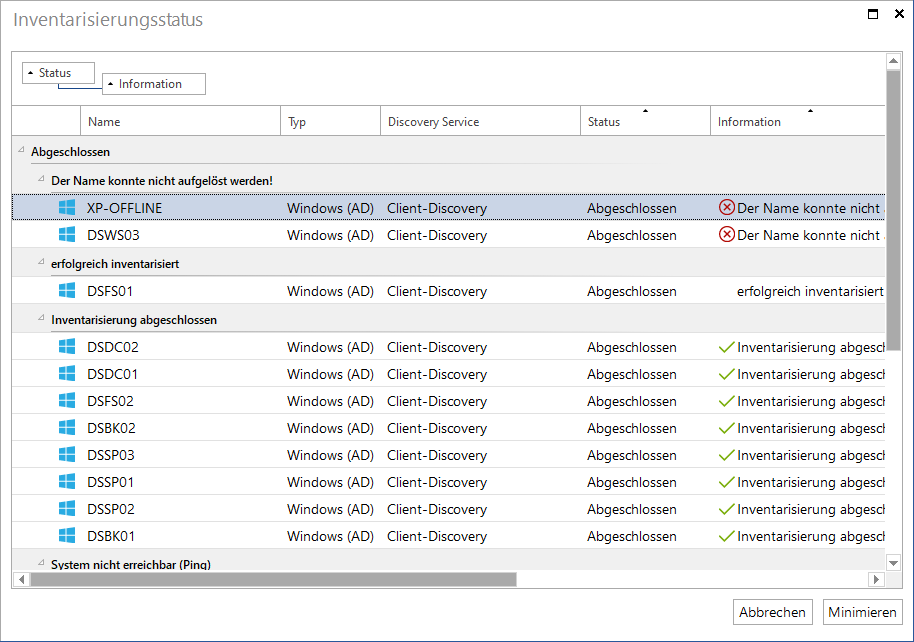 Docusnap Inventarisierung Status Gruppiert