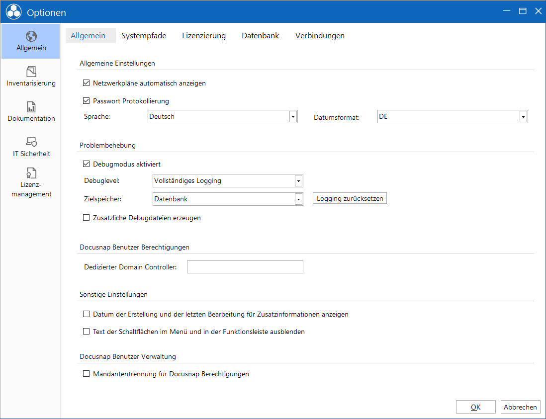 Docusnap-Optionen allgemein Docusnap-Optionen allgemein