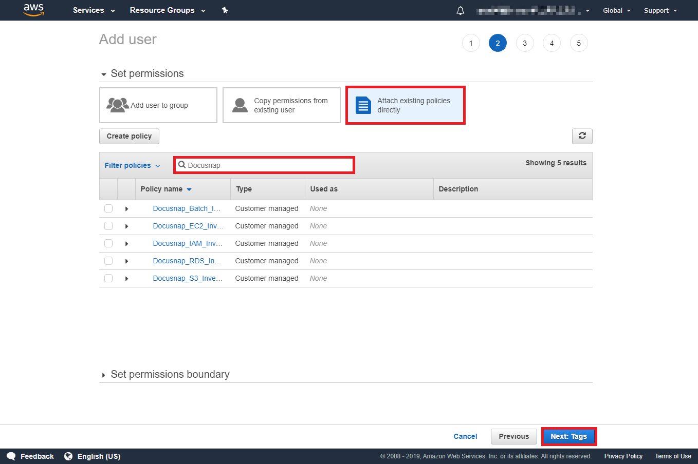Docusnap Inventory AWS Preparations User Assign Policy Docusnap Inventory AWS Preparations User Assign Policy