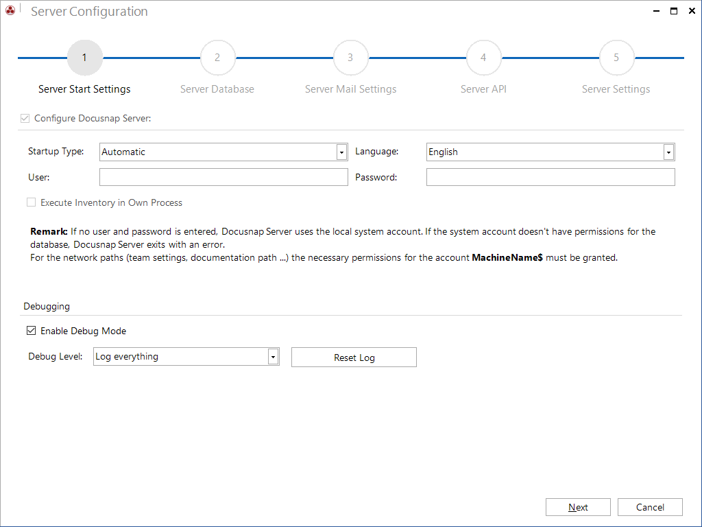 Docusnap configuration server start debug Docusnap configuration server start debug